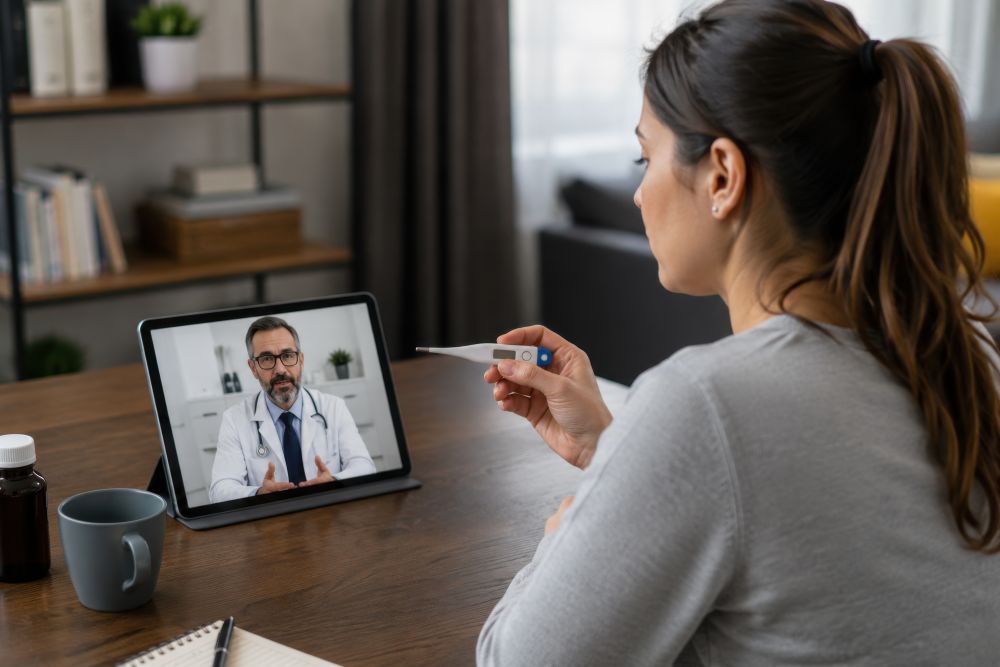 Young woman having an online telehealth consultation with a doctor on a digital tablet
